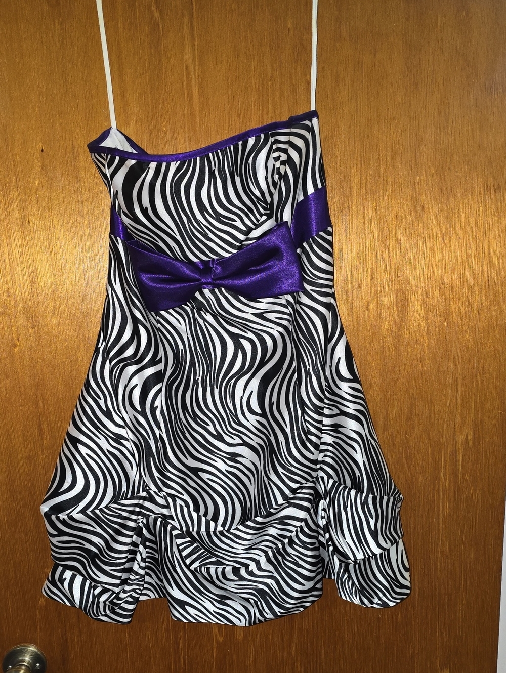 Fiesta Black and White Zebra Print Strapless Dress with Purple Satin Bow